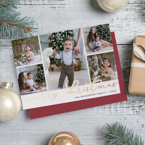 Gold Script  5 Photo Collage Foil Holiday Card