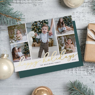 Gold Script 5 Photo Collage Foil Holiday Card