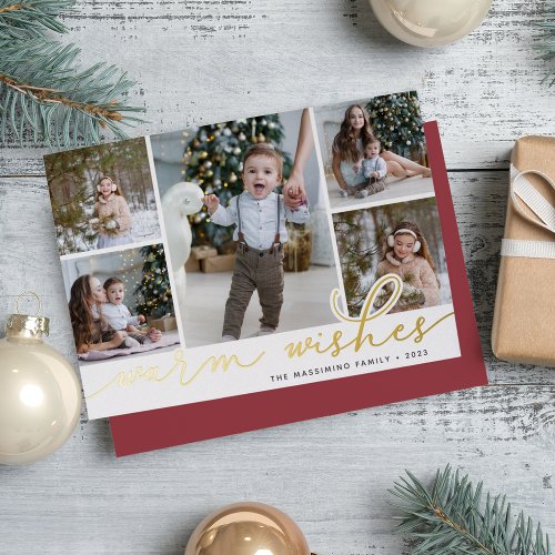 Gold Script  5 Photo Collage Warm Wishes Foil Holiday Card