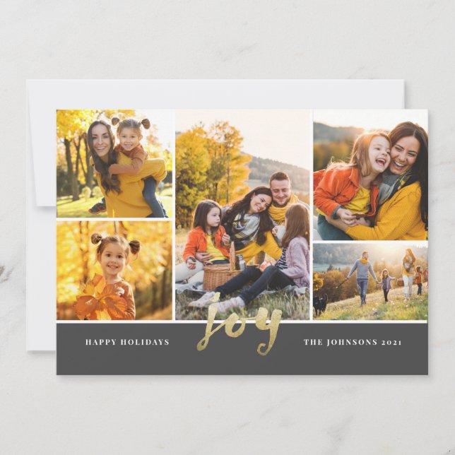 Gold Script 6 Photo Merry Christmas Holiday Card (Front)