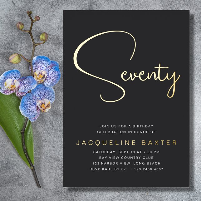 Gold Script 70th Birthday Party Foil Invitation (Creator Uploaded)