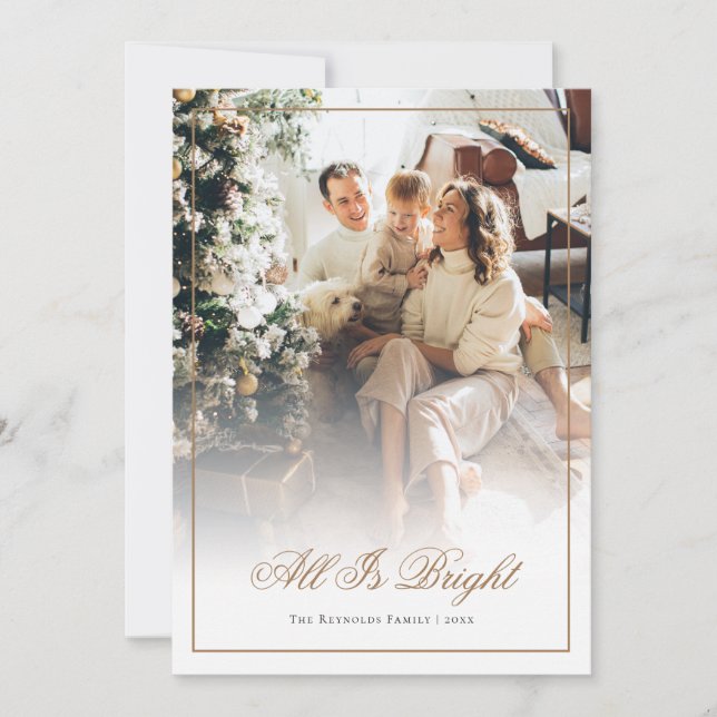 Gold Script All Is Bright Photo Christmas Holiday Card (Front)