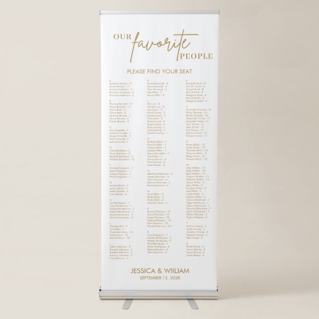 Gold Script Alphabetical  Wedding Seating Chart Retractable Banner (Front)