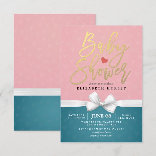 Gold Script and White Ribbon Pink Blue Baby Shower Invitation (Front/Back)