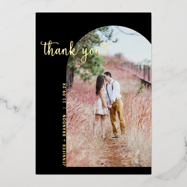 Gold Script arch photo thank you Foil Card (Front)