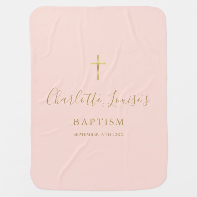 Gold Script Baptism Christening Blush Pink Baby Blanket (Front)