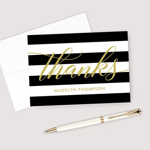 Gold Script Black and White Stripes Wedding Thank You Card