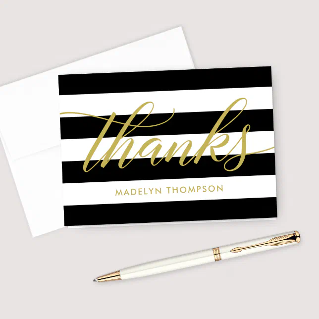 Gold Script Black and White Stripes Wedding Thank You Card | Zazzle