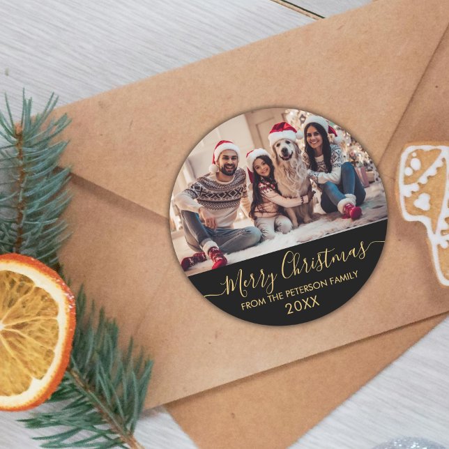 Gold Script Black Family Photo Merry Christmas Classic Round Sticker (Creator Uploaded)