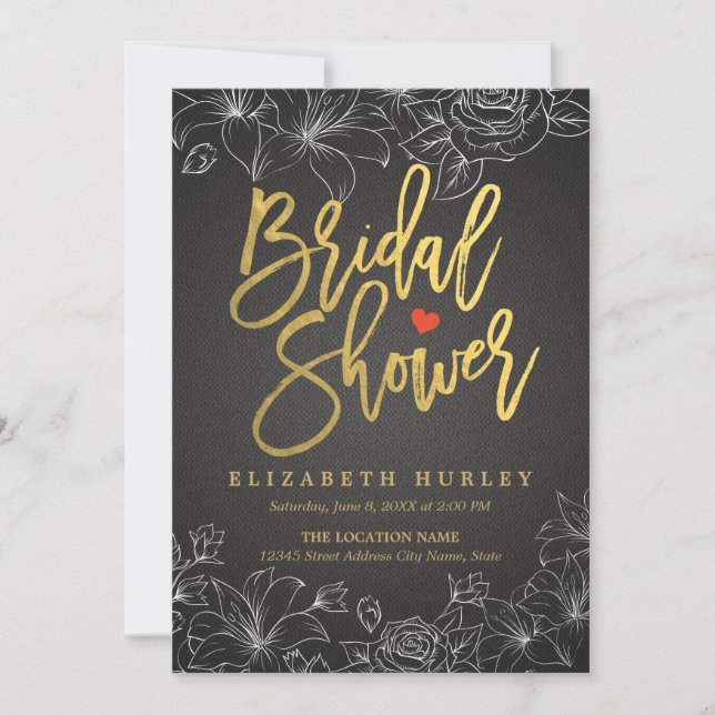 Gold Script Black Linen White Floral Bridal Shower Invitation (Front)