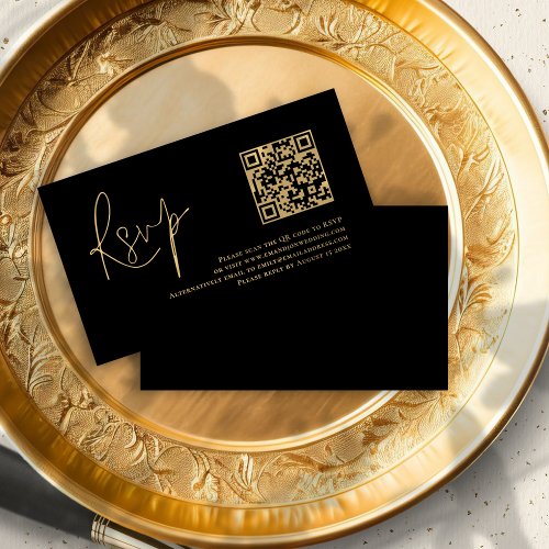Gold Script Black QR Code Wedding RSVP  Enclosure Card
