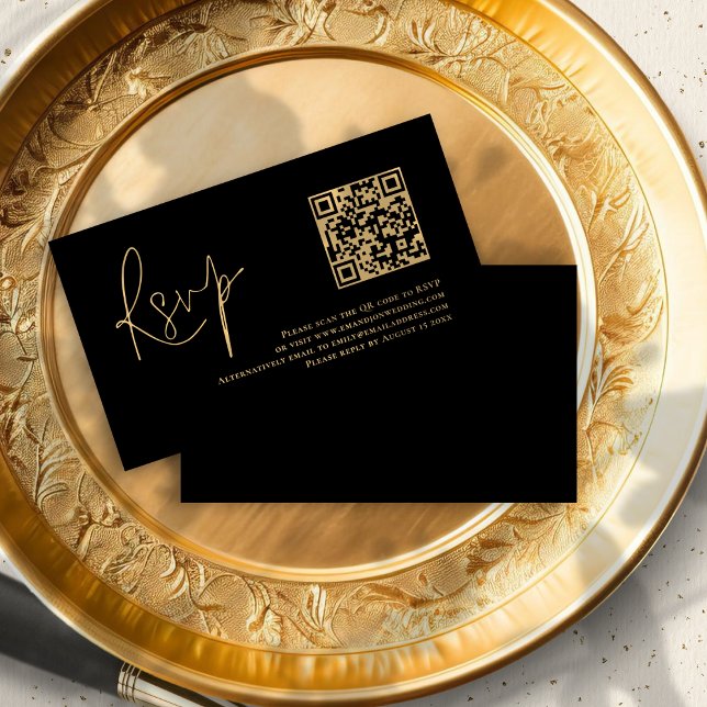Gold Script Black QR Code Wedding RSVP  Enclosure Card (Front and back view)