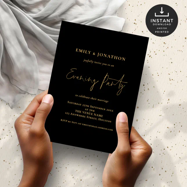 Gold Script Black Wedding Evening Party Invitation | Zazzle