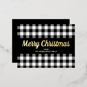 Gold Script Black White Gingham Merry Christmas Foil Holiday Postcard