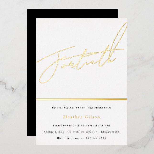 Gold Script Black White Mens Womans 40th Birthday Foil Invitation (Front/Back)
