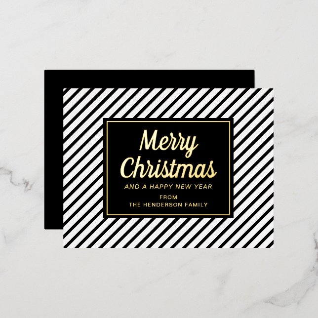 Gold Script Black White Striped Merry Christmas Foil Holiday Postcard (Front/Back)