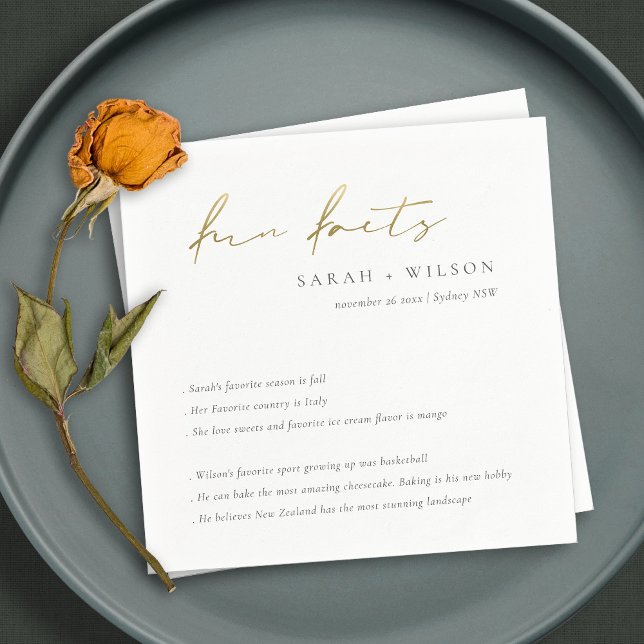 Gold Script Black White Wedding Fun Facts Napkins (Creator Uploaded)