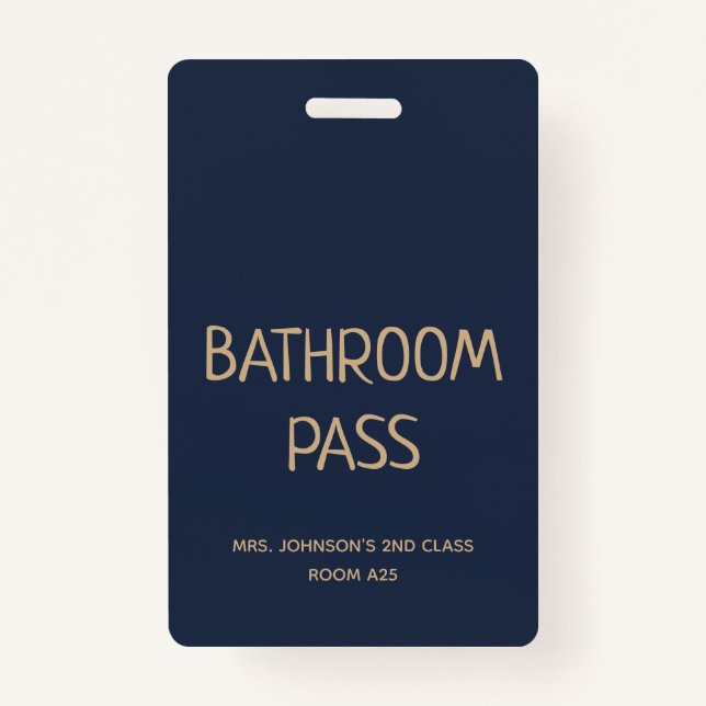 Gold Script Blue Back To School Bathroom Hall Pass Badge (Front)