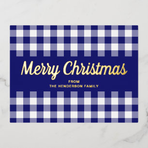 Gold Script Blue Gingham Merry Christmas Foil Holiday Postcard