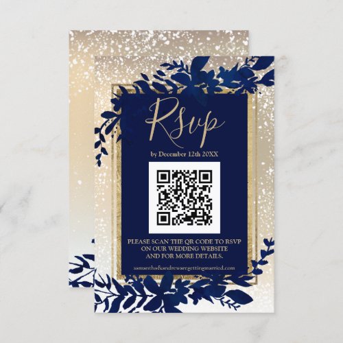 gold script blue leaf snow elegant winter QR rsvp