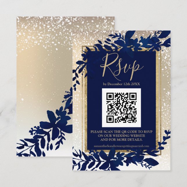gold script blue leaf snow elegant winter QR rsvp Card (Front/Back)