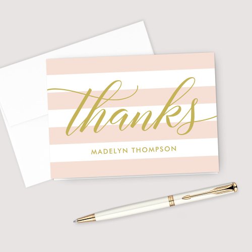 Gold Script Blush Pink Stripes Wedding Monogram Thank You Card