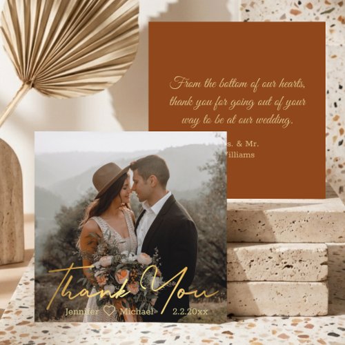 Gold Script Boho Rustic Photo Wedding Thank You Note Card