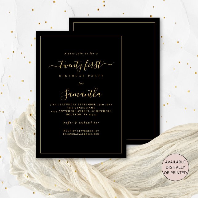 Gold Script Border 21st Birthday Party Black Invitation (Front and back view. Available digitally or printed)