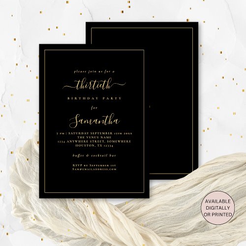 Gold Script Border 30th Birthday Party Black Invitation