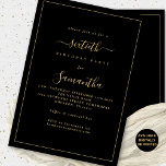 Gold Script Border 60th Birthday Party Black Invitation<br><div class="desc">Elegant Gold Script Border 60th Birthday Party Black. Available digitally or printed. A minimalist modern text design for your sixtieth in classic gold and black, which is fully customisable, with a single line border. Change the words as required and you can also change text and background colors as well as...</div>
