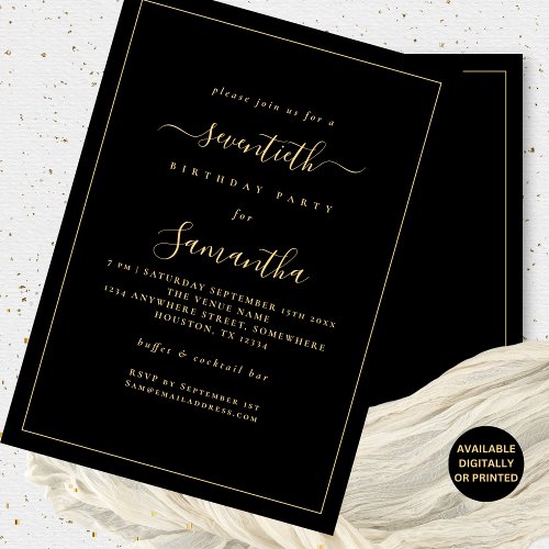 Gold Script Border 70th Birthday Party Black Invitation