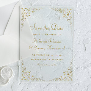 Gold Script Botanical Frame Save The Date Acrylic Invitations