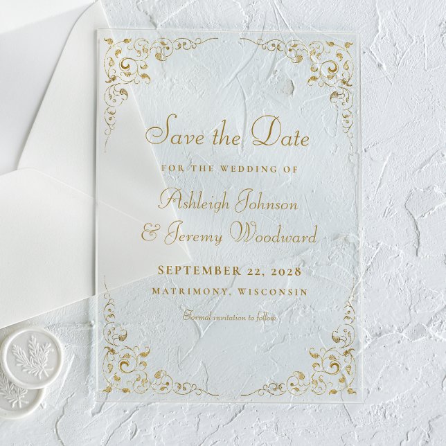Gold Script Botanical Frame Save The Date Acrylic Invitations (Creator Uploaded)