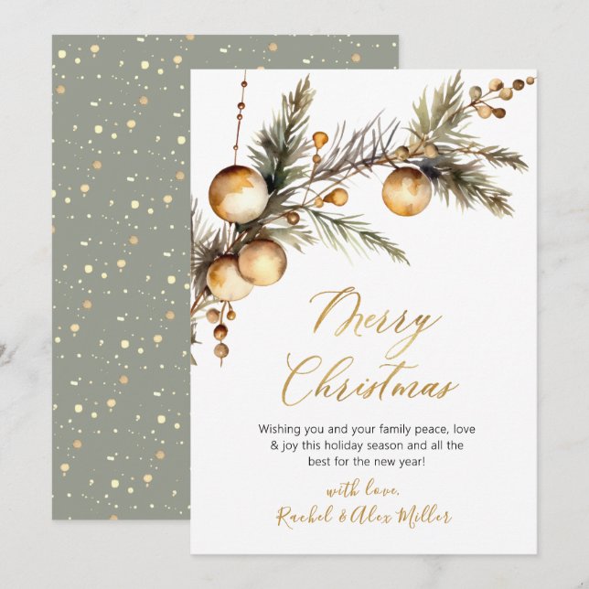 Gold Script Botanical Non Photo Merry Christmas Holiday Card (Front/Back)