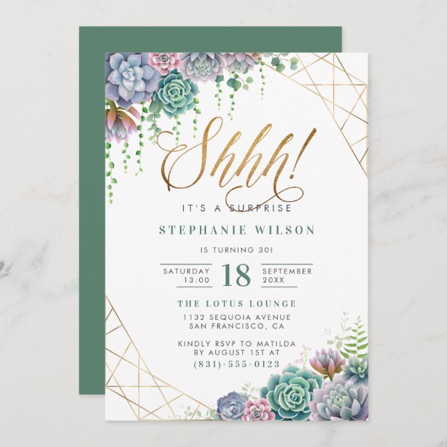 Gold Script Botanical Surprise Birthday Party Invitation (Front/Back)