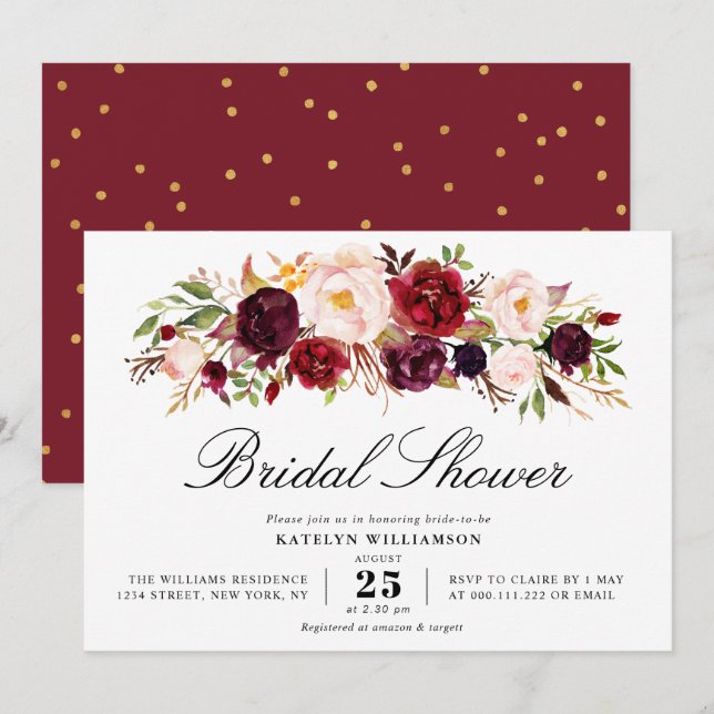 Gold script burgundy blush floral bridal shower invitation (Front/Back)