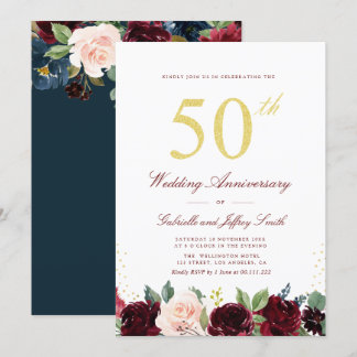 gold script burgundy navy 50th wedding anniversary invitation