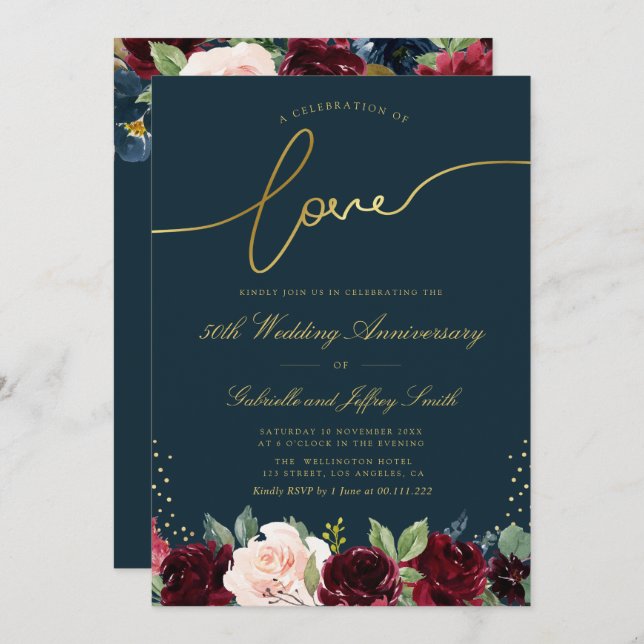 gold script burgundy navy 50th wedding anniversary invitation (Front/Back)