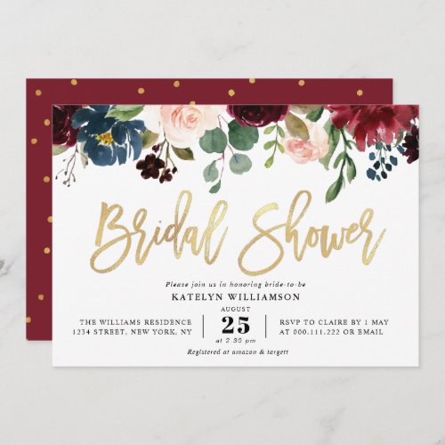 Gold script burgundy navy floral bridal shower invitation