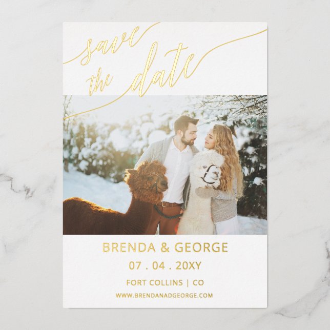 Gold Script Calligraphy 2 Photos Save The Date Foil Invitation (Front)