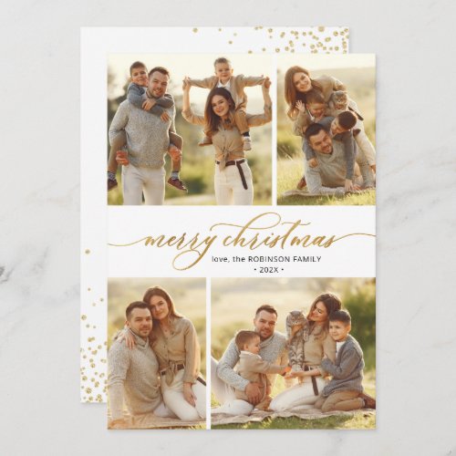 Gold Script Calligraphy 4 Multi Photo Christmas  Holiday Card