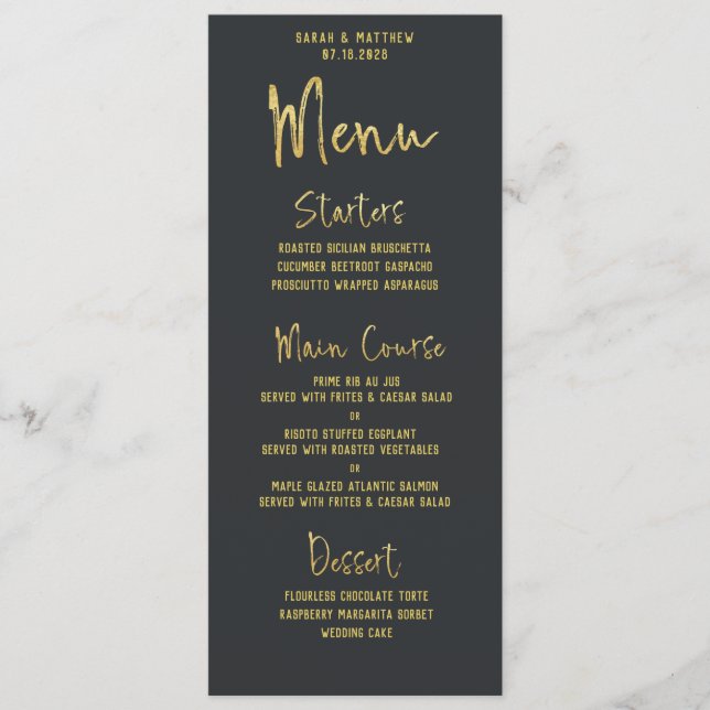 Gold Script Calligraphy Dark Gray Wedding Menu (Front)