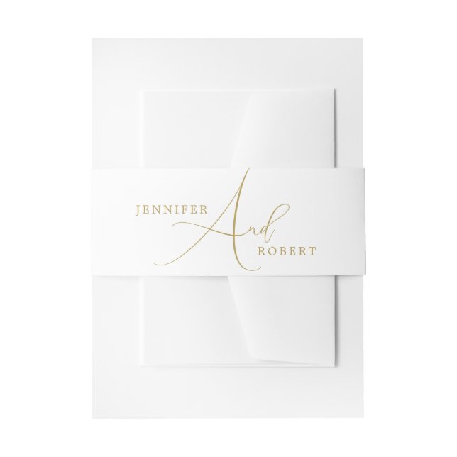 Gold Script Calligraphy On White Background Invitation Belly Band (Front Example)