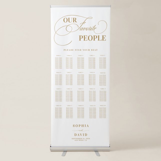 Gold Script Calligraphy Wedding Seating Chart Retractable Banner (Front)