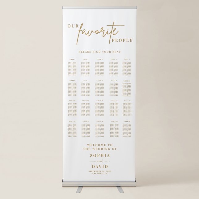 Gold Script Calligraphy Wedding Seating Chart Retractable Banner (Front)