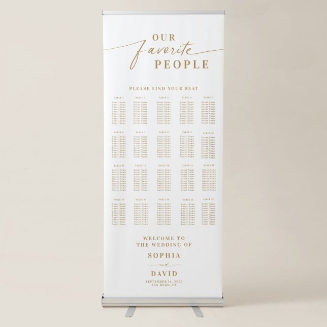 Gold Script Calligraphy Wedding Seating Chart Retractable Banner (Front)