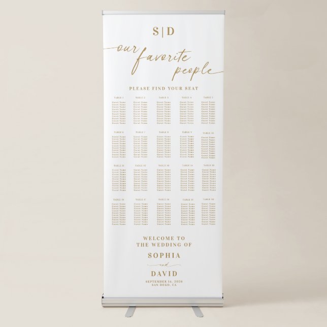 Gold Script Calligraphy Wedding Seating Chart Retractable Banner (Front)