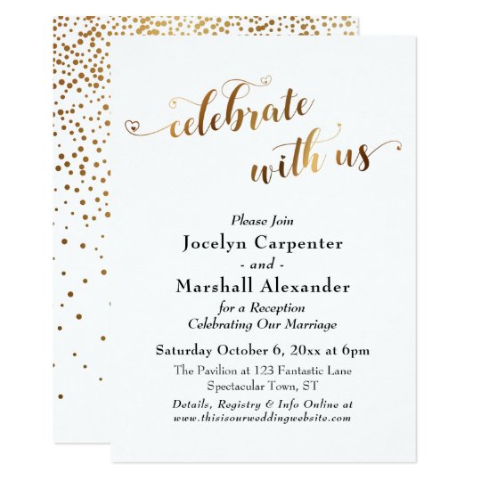 Gold Script Celebrate with Us Confetti Back Invitation | Zazzle.com