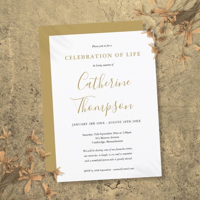 Gold Script Celebration Of Life Funeral Invitation (Gold Script Celebration Of Life Funeral Invitation)