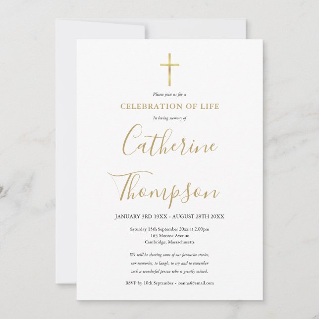 Gold Script Celebration of Life Photo Funeral  Invitation (Front)
